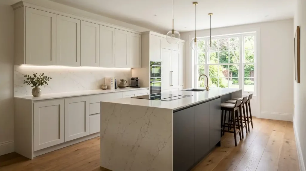 What About a Transitional or Hybrid Kitchen? Here is something a lot of people do not know. You do not have to pick one or the other. You can blend both styles together into what is often called a transitional kitchen or hybrid design. A very popular version of this is the handleless Shaker kitchen. It keeps the recessed panel doors of a Shaker kitchen but removes all the handles. You get the warmth and character of Shaker cabinetry with the clean, sleek look of a handleless design. Another option is to use Shaker-style base units with a smooth handleless kitchen island in a contrasting colour. This dual-tone approach is one of the biggest trends in kitchen design right now and works beautifully in Wiltshire homes that have both old and new features.