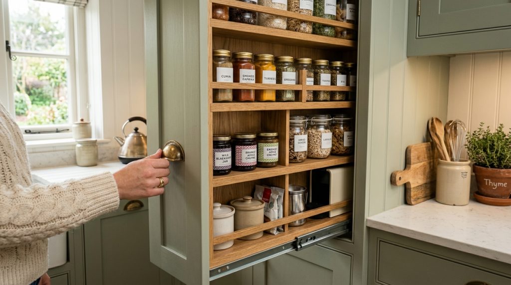 The Best Architectural Solutions for Compact Kitchens Custom-Built Units: The Most Powerful Tool You Have This is the big one. When you design custom cabinets, you can make sure there is no wasted vertical space by extending your cabinets all the way up to meet the ceiling. Taller cabinets also create the illusion of a larger space by drawing the eye upward and making the ceiling seem higher.  Off-the-shelf units leave a dusty gap at the top that serves absolutely no purpose. Custom-built units fill every millimetre. They can be built around awkward corners, sloped ceilings, and old cottage walls that are never perfectly straight. Going for bespoke cabinetry means you can design storage around the things you actually use, rather than starting with standard-sized units and trying to fit all your belongings into them. One example from a real UK cottage project included a beautiful bespoke pantry cupboard with handmade drawers and a spice rack built right into the door. Every single inch is used on purpose.